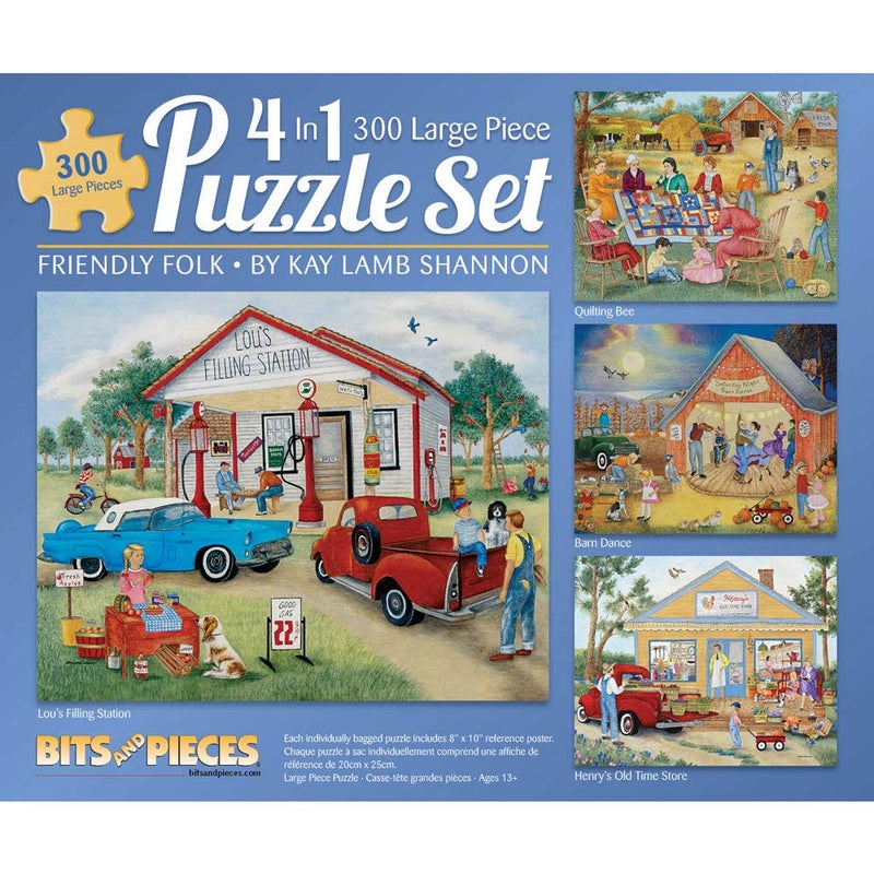 Bits and Pieces قطع وأجزاء - مجموعة متعددة 4 في 1 من 300 قطعة من الألغاز للبالغين - شخصيات ودية من الفنانة كاي لامب شانون، حجم اللغز المكتمل: 16" × 20" - Image 1